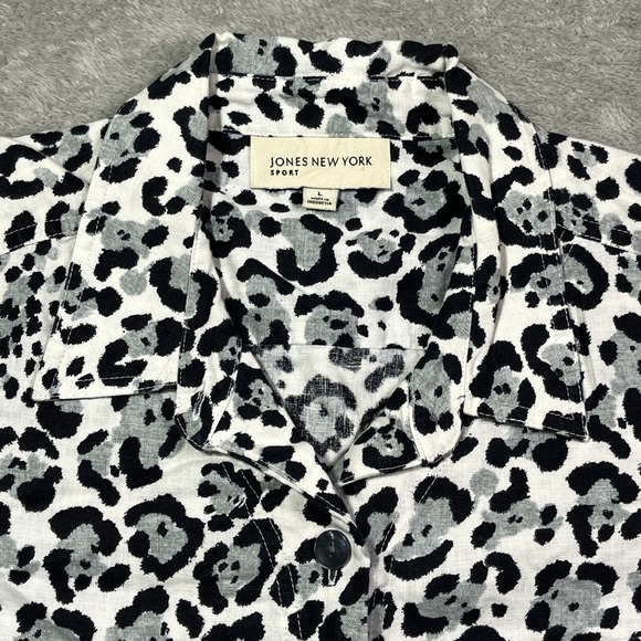 Jones New York Sport Women's Leopard Print 100% Linen Shirt Button Down Top - Picture 1 of 13